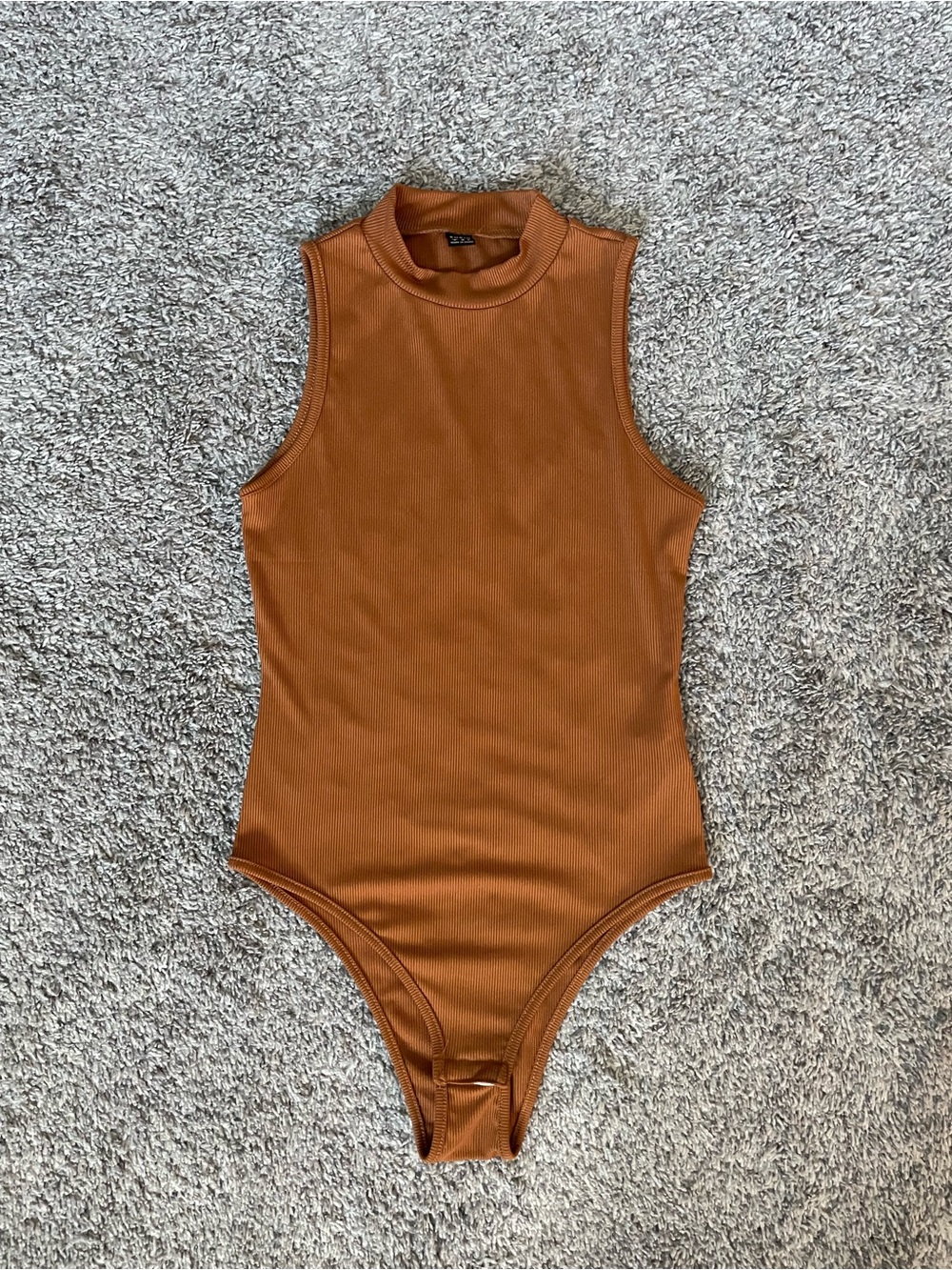 SHEIN Ribbed Mock Neck Sleeveless Bodysuit in Rust Brown